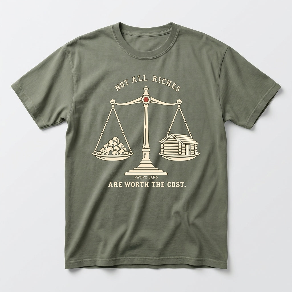 A2 Native Land heritage tee, Moss, front print — NOT ALL RICHES ARE WORTH THE COST.