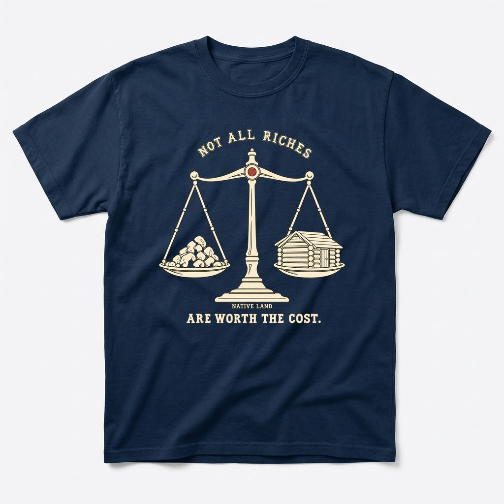 A2 Native Land heritage tee, Navy, front print — NOT ALL RICHES ARE WORTH THE COST.