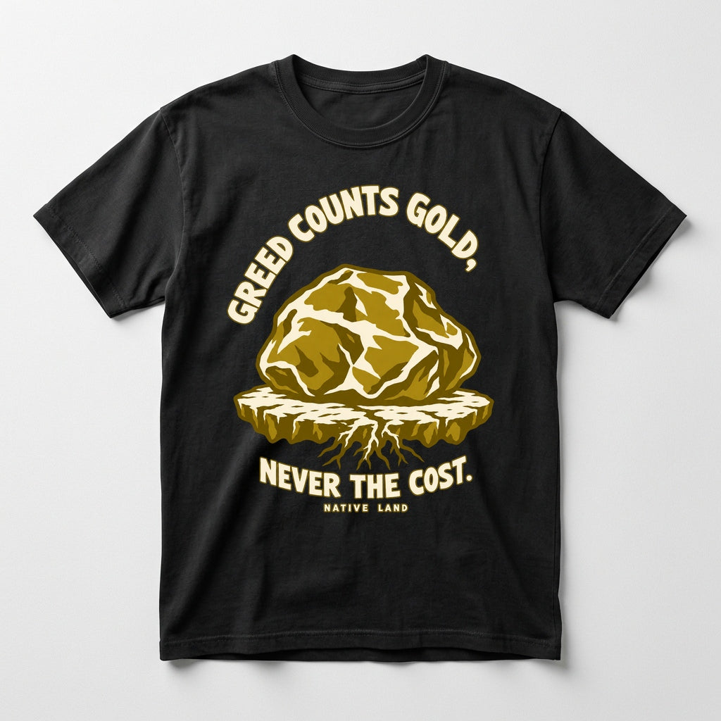 A3 Native Land heritage tee, Black, front print — GREED COUNTS GOLD, NEVER THE COST.