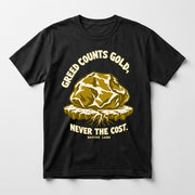 A3 Native Land heritage tee, Black, front print — GREED COUNTS GOLD, NEVER THE COST.