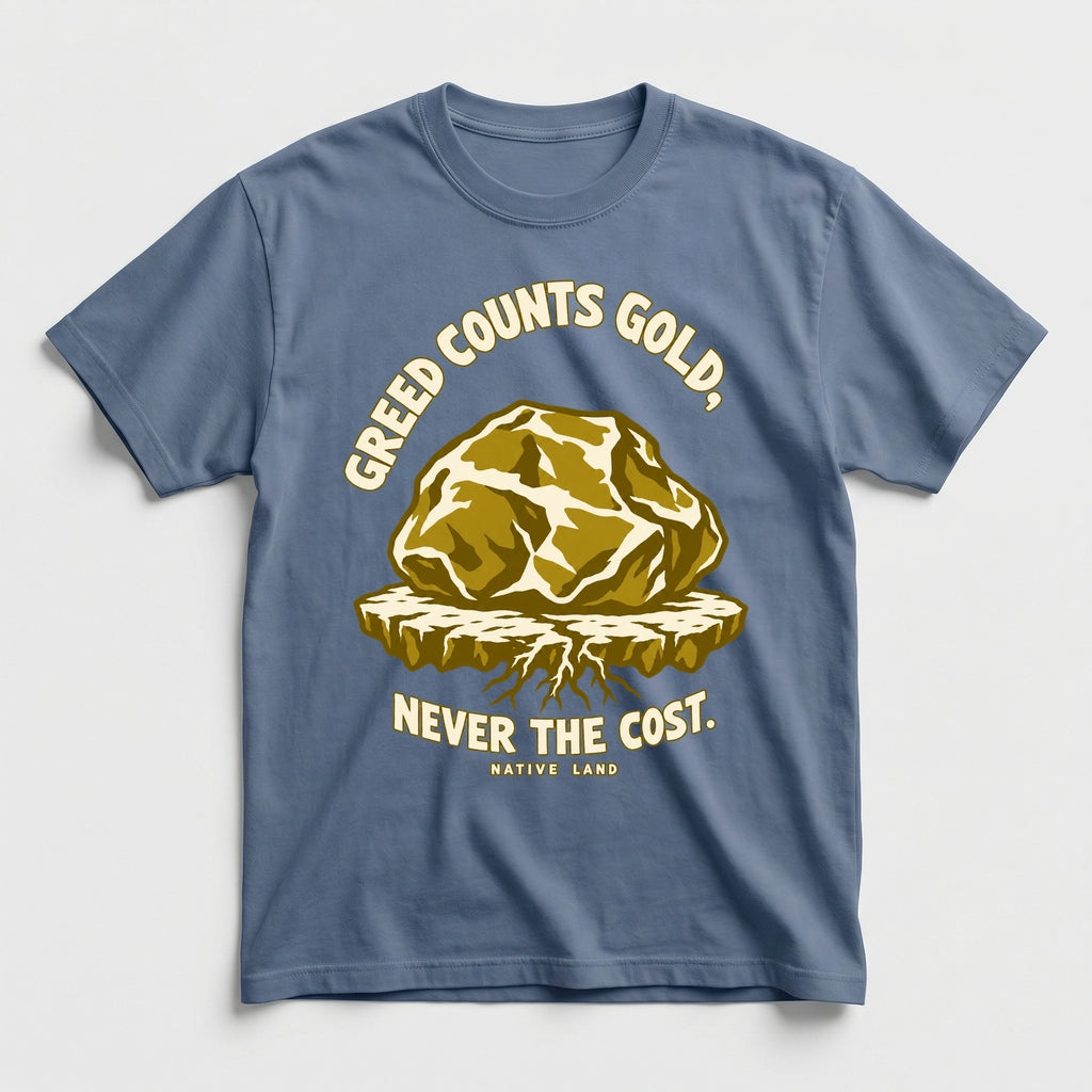 A3 Native Land heritage tee, Blue Jean, front print — GREED COUNTS GOLD, NEVER THE COST.