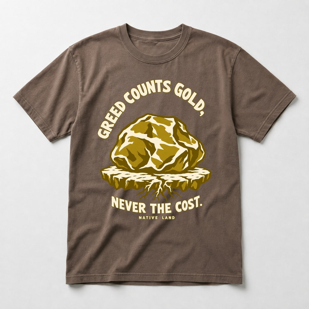 A3 Native Land heritage tee, Espresso, front print — GREED COUNTS GOLD, NEVER THE COST.