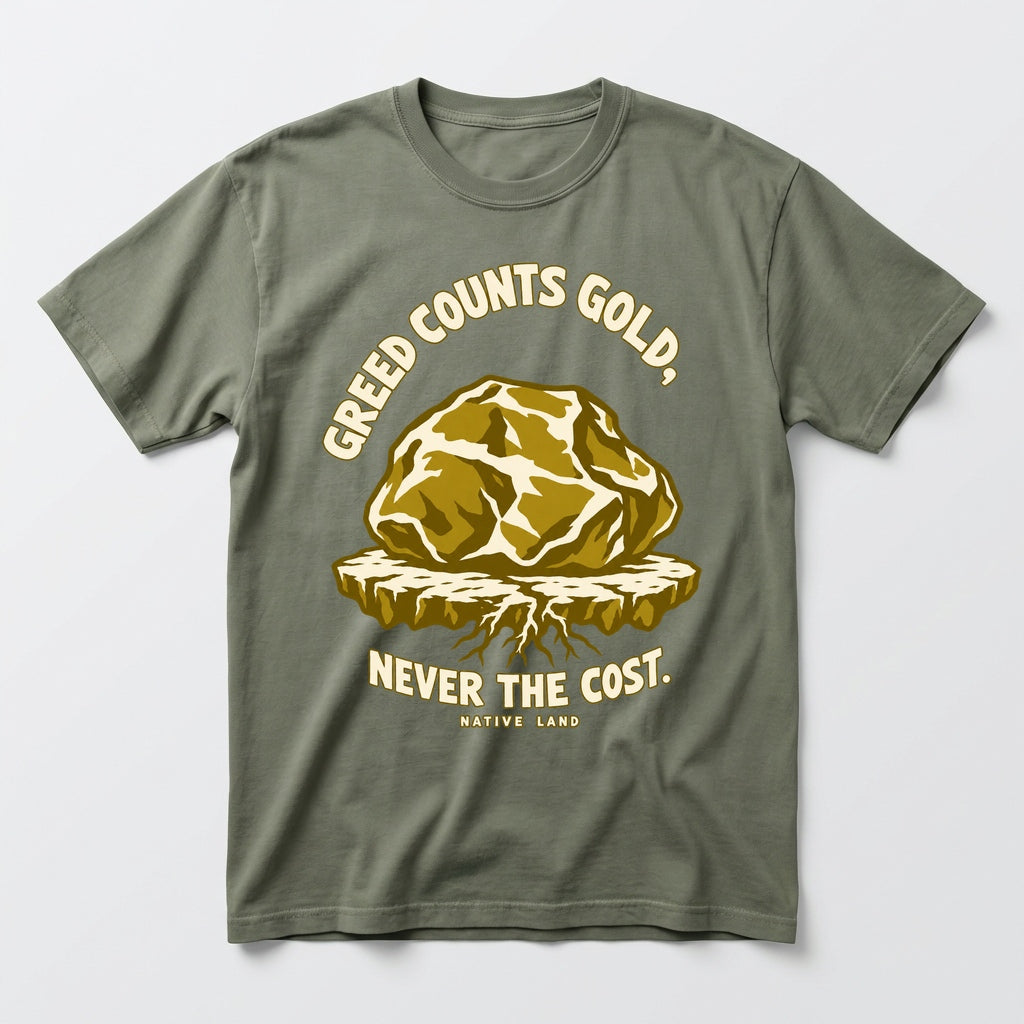 A3 Native Land heritage tee, Moss, front print — GREED COUNTS GOLD, NEVER THE COST.