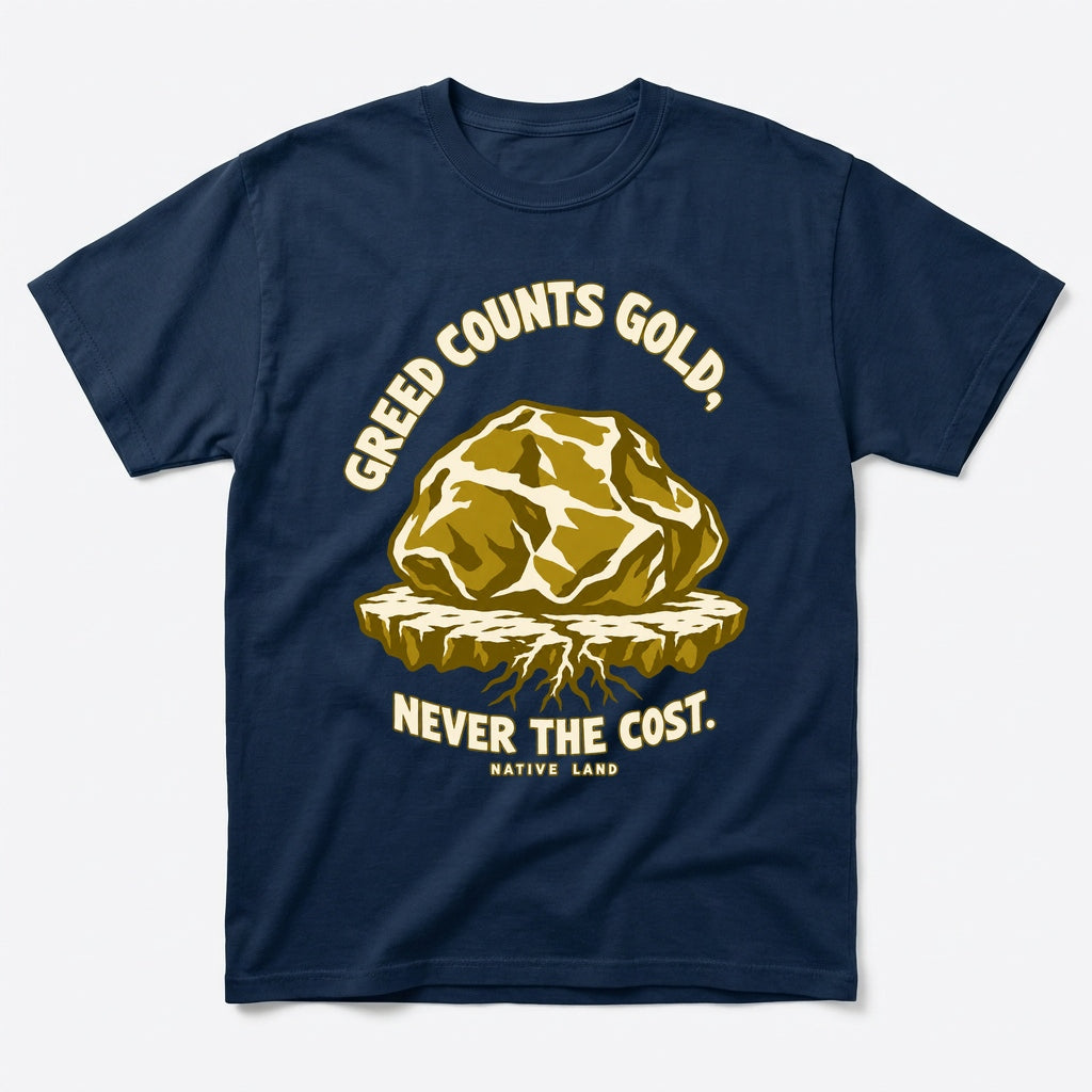 A3 Native Land heritage tee, Navy, front print — GREED COUNTS GOLD, NEVER THE COST.