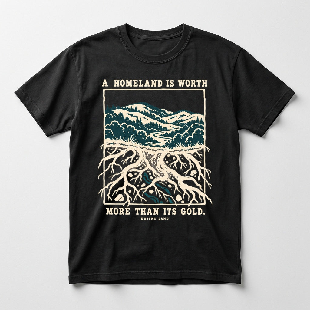 A4 Native Land heritage tee, Black, front print — A HOMELAND IS WORTH MORE THAN ITS GOLD.