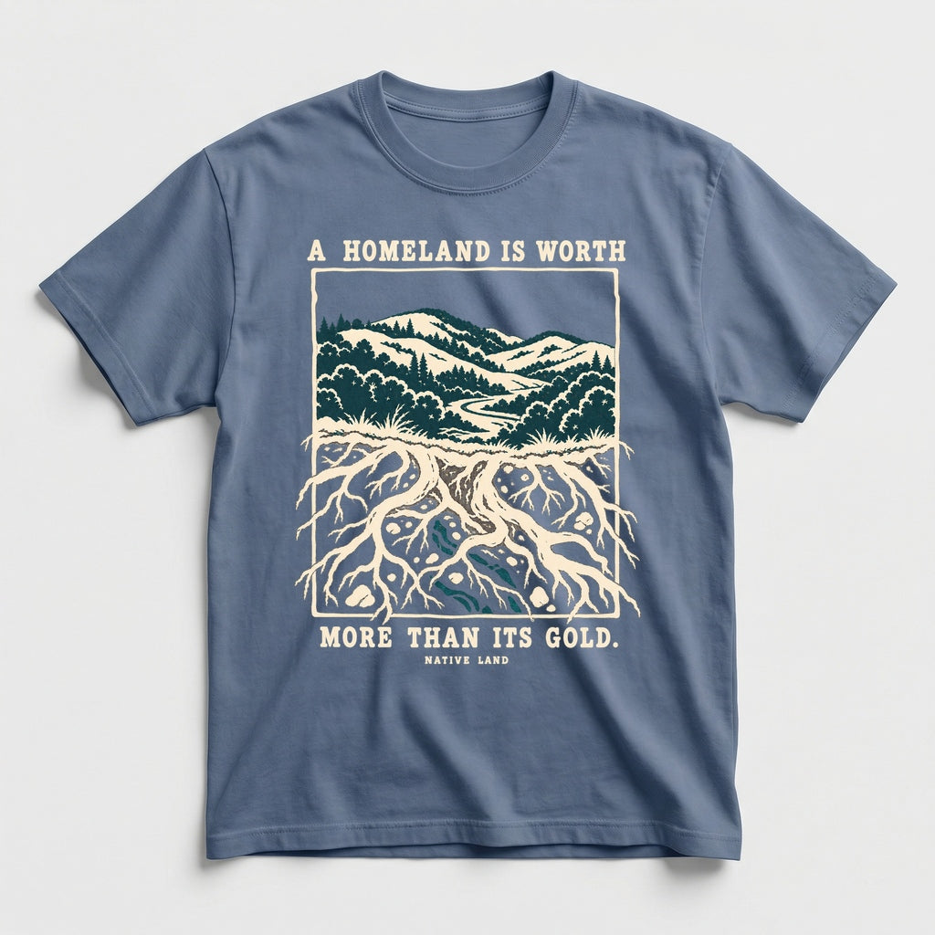 A4 Native Land heritage tee, Blue Jean, front print — A HOMELAND IS WORTH MORE THAN ITS GOLD.