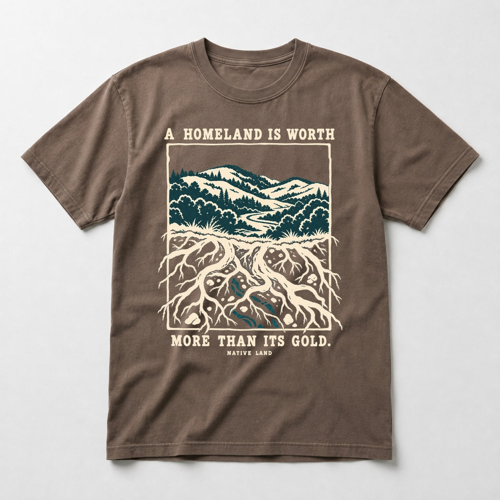 A4 Native Land heritage tee, Espresso, front print — A HOMELAND IS WORTH MORE THAN ITS GOLD.