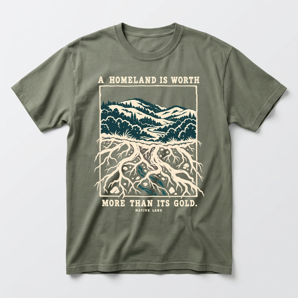 A4 Native Land heritage tee, Moss, front print — A HOMELAND IS WORTH MORE THAN ITS GOLD.