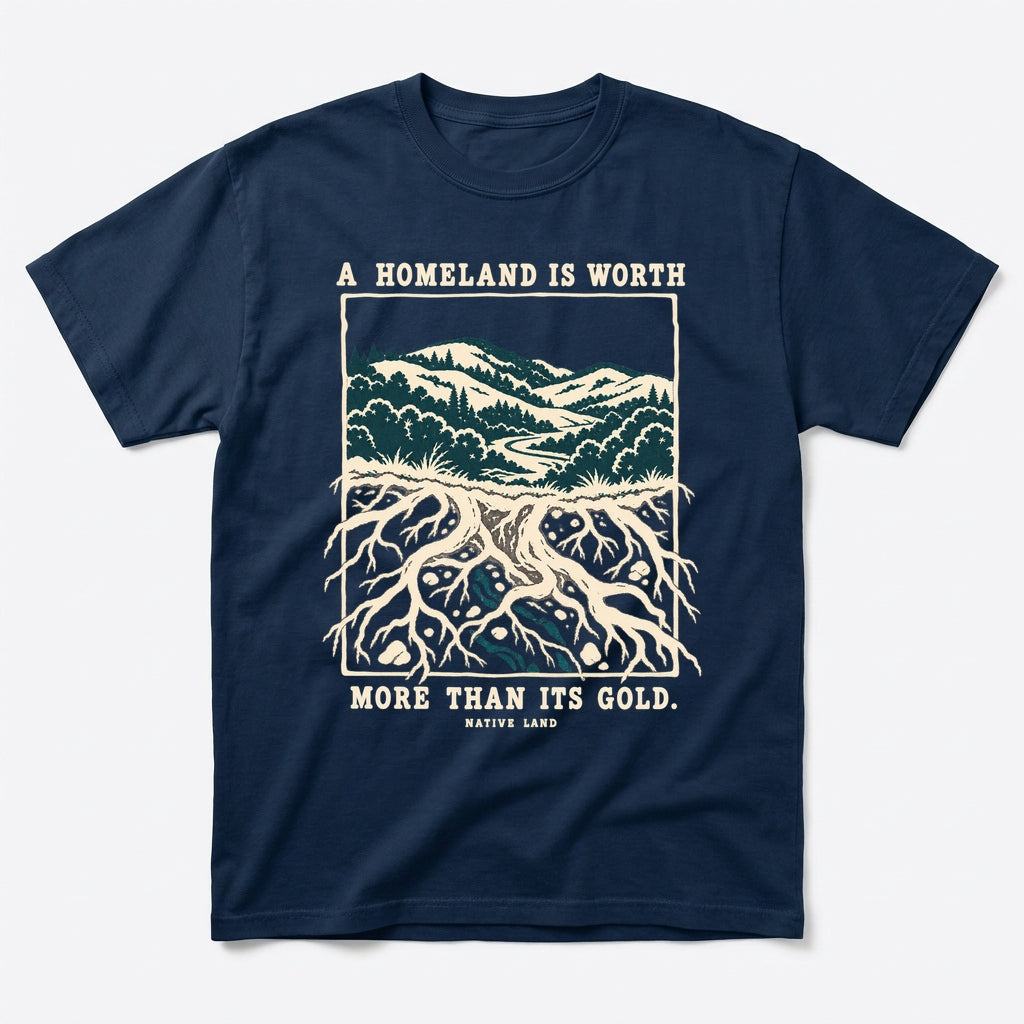 A4 Native Land heritage tee, Navy, front print — A HOMELAND IS WORTH MORE THAN ITS GOLD.
