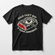 A5 Native Land heritage tee, Black, front print — GOLD CAN'T BUY A CLEAR CONSCIENCE.