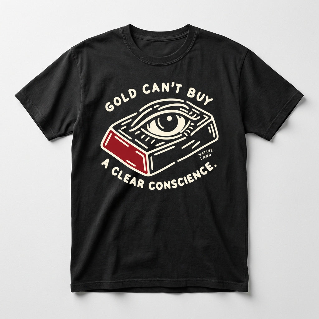 A5 Native Land heritage tee, Black, front print — GOLD CAN'T BUY A CLEAR CONSCIENCE.