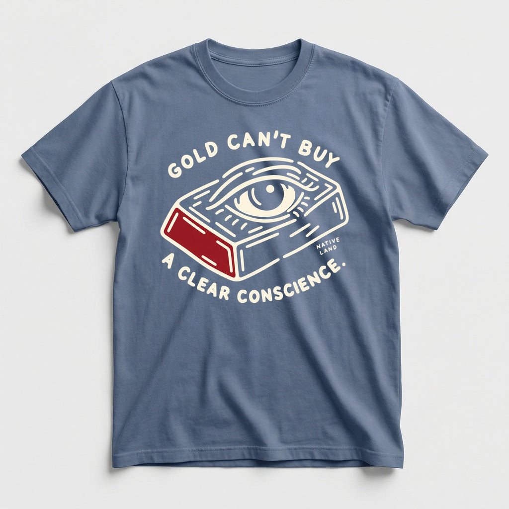 A5 Native Land heritage tee, Blue Jean, front print — GOLD CAN'T BUY A CLEAR CONSCIENCE.