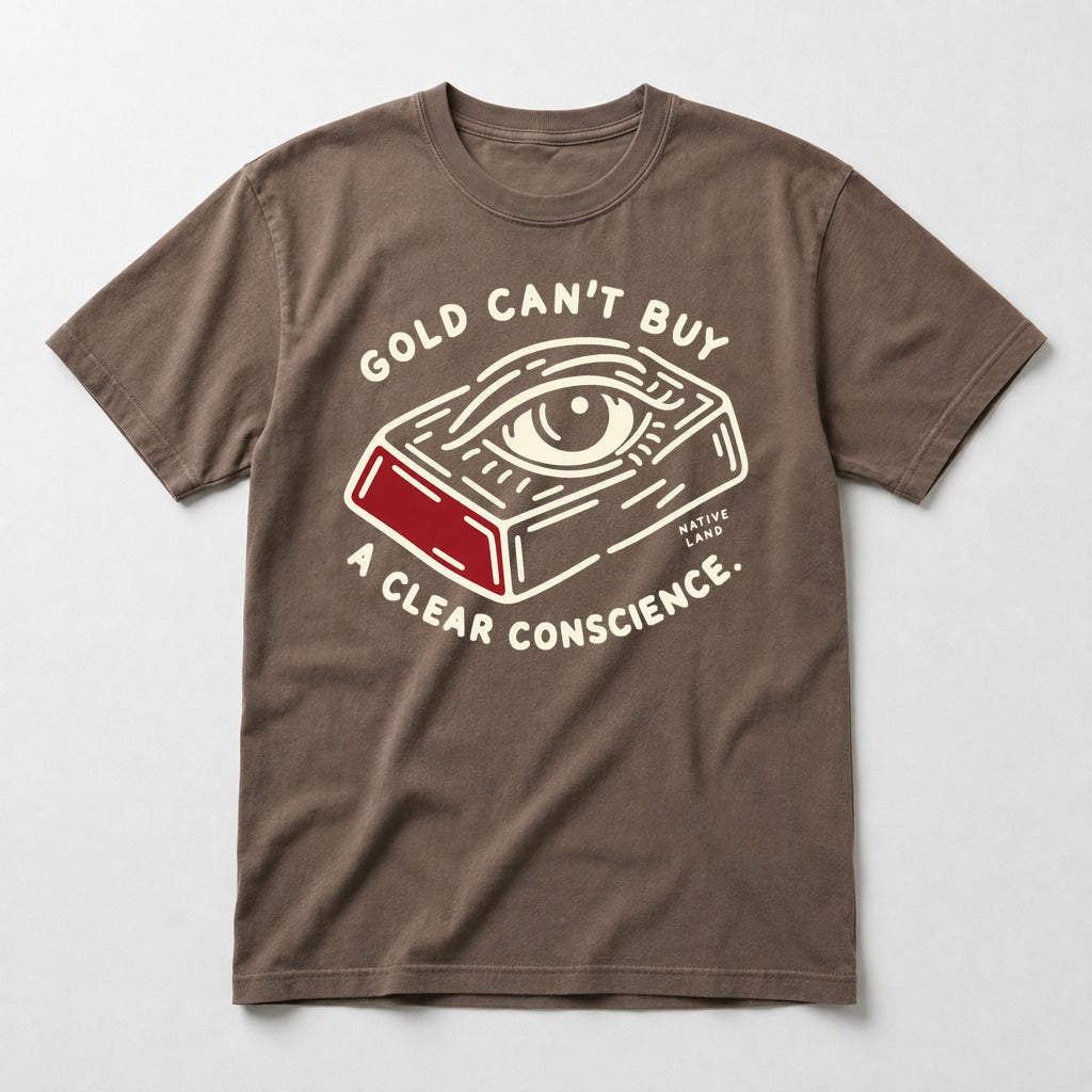 A5 Native Land heritage tee, Espresso, front print — GOLD CAN'T BUY A CLEAR CONSCIENCE.