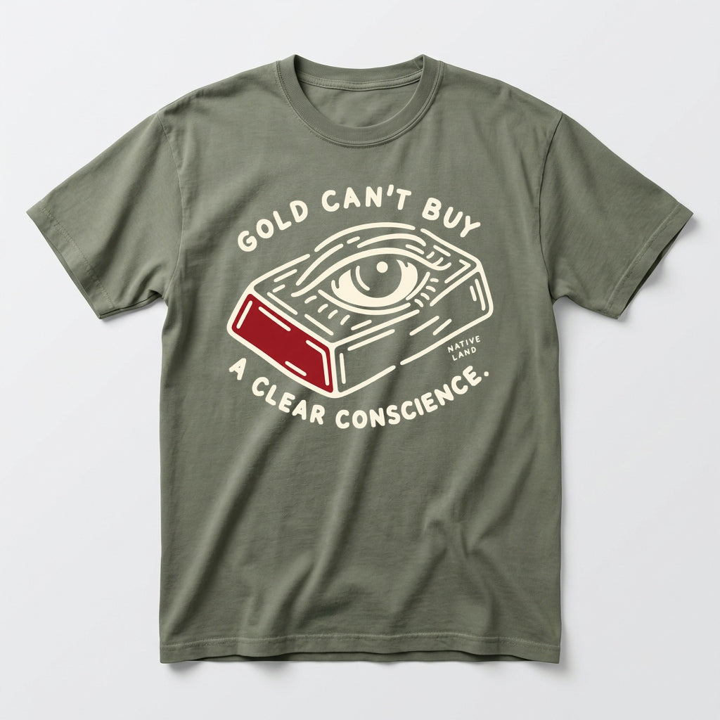 A5 Native Land heritage tee, Moss, front print — GOLD CAN'T BUY A CLEAR CONSCIENCE.