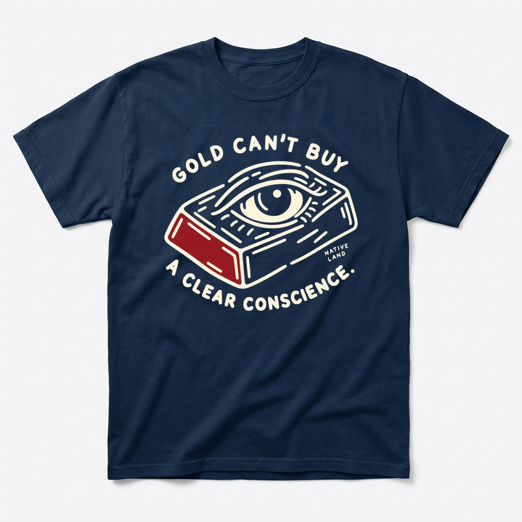A5 Native Land heritage tee, Navy, front print — GOLD CAN'T BUY A CLEAR CONSCIENCE.