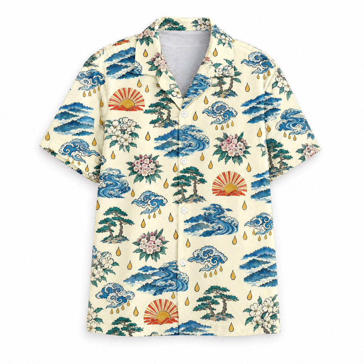 Kiona Trail of Tears Hawaiian shirt, front, all-over woodblock print