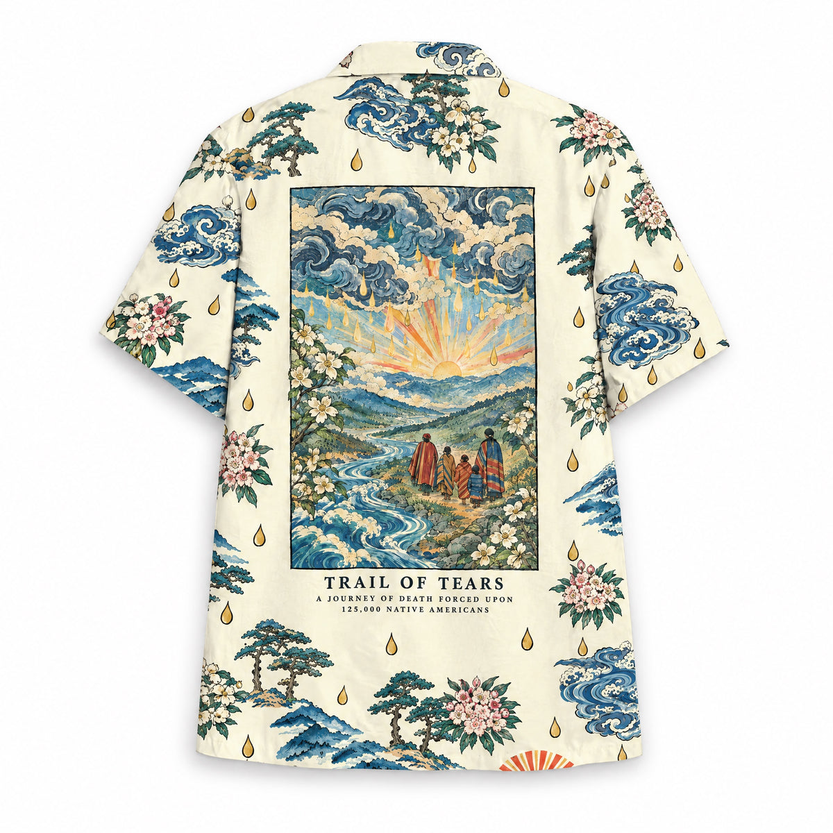 Kiona Trail of Tears Hawaiian shirt, back panel with TRAIL OF TEARS caption