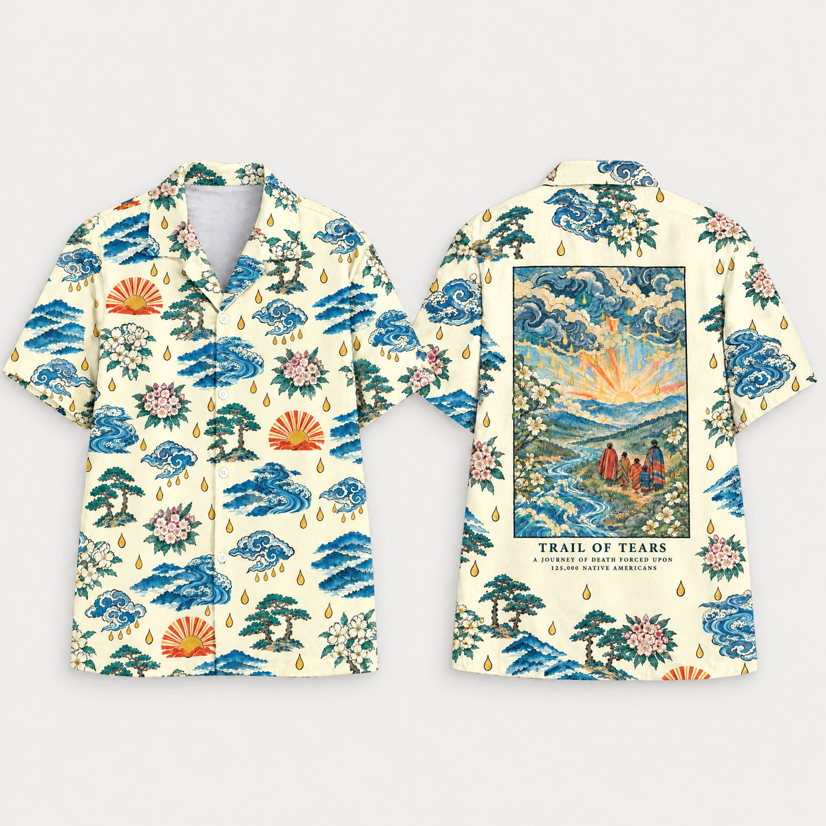 Kiona Hawaiian shirt front and back, flat lay