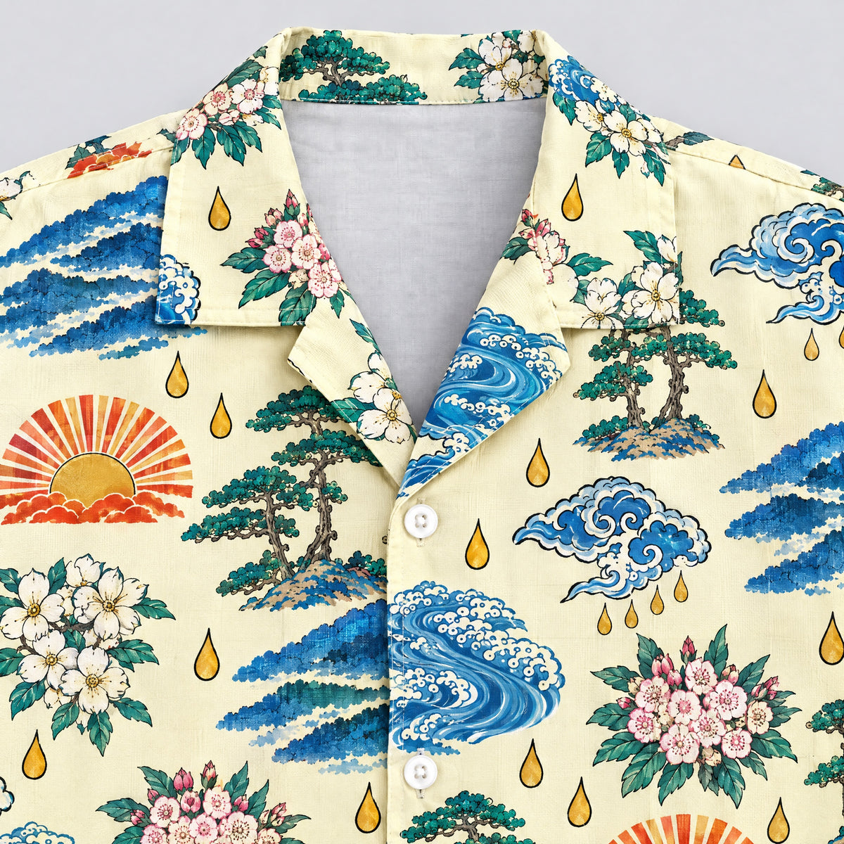 Camp collar and button detail of the Kiona Hawaiian shirt