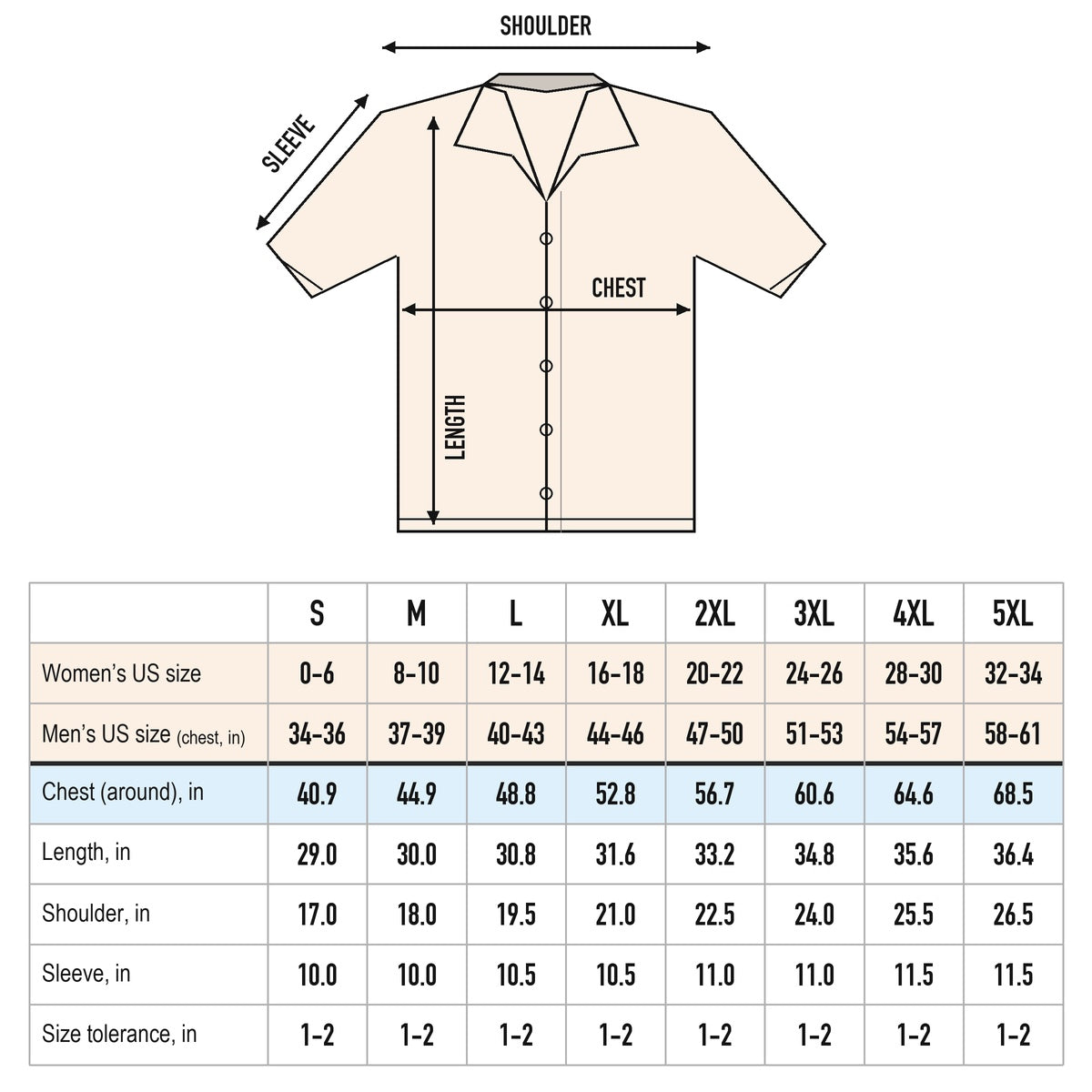 Americanista Hawaiian shirt size chart