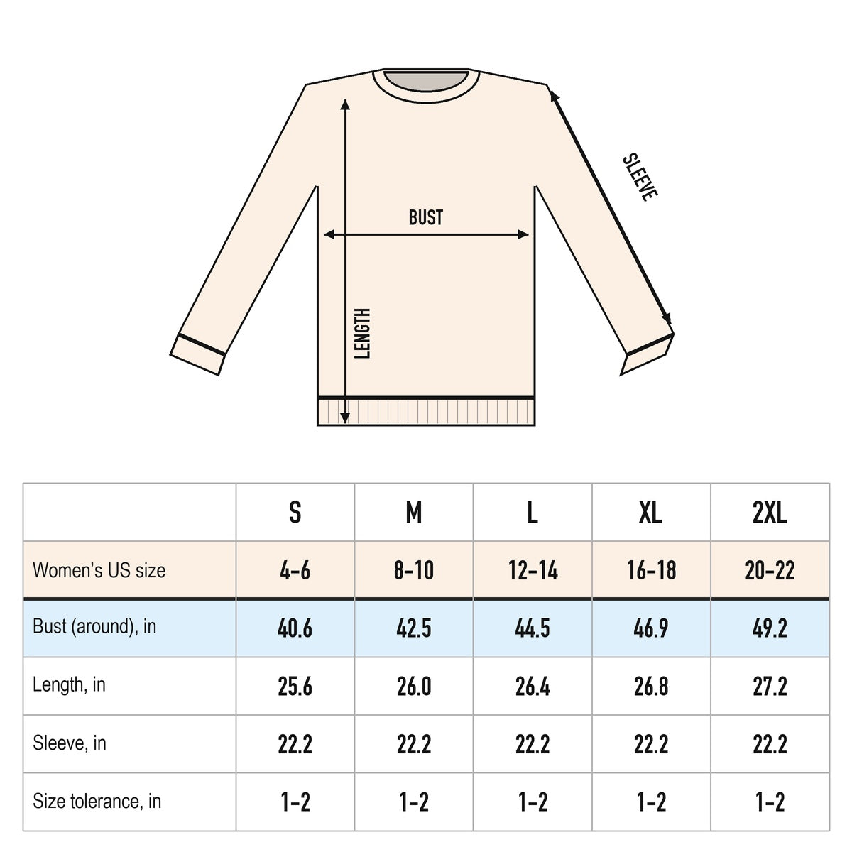 Women’s sweater size chart, S to 2XL