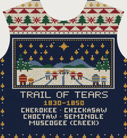 Actual front print: fair-isle pine yoke, knitted picture of five trails under one star, caption naming all five nations