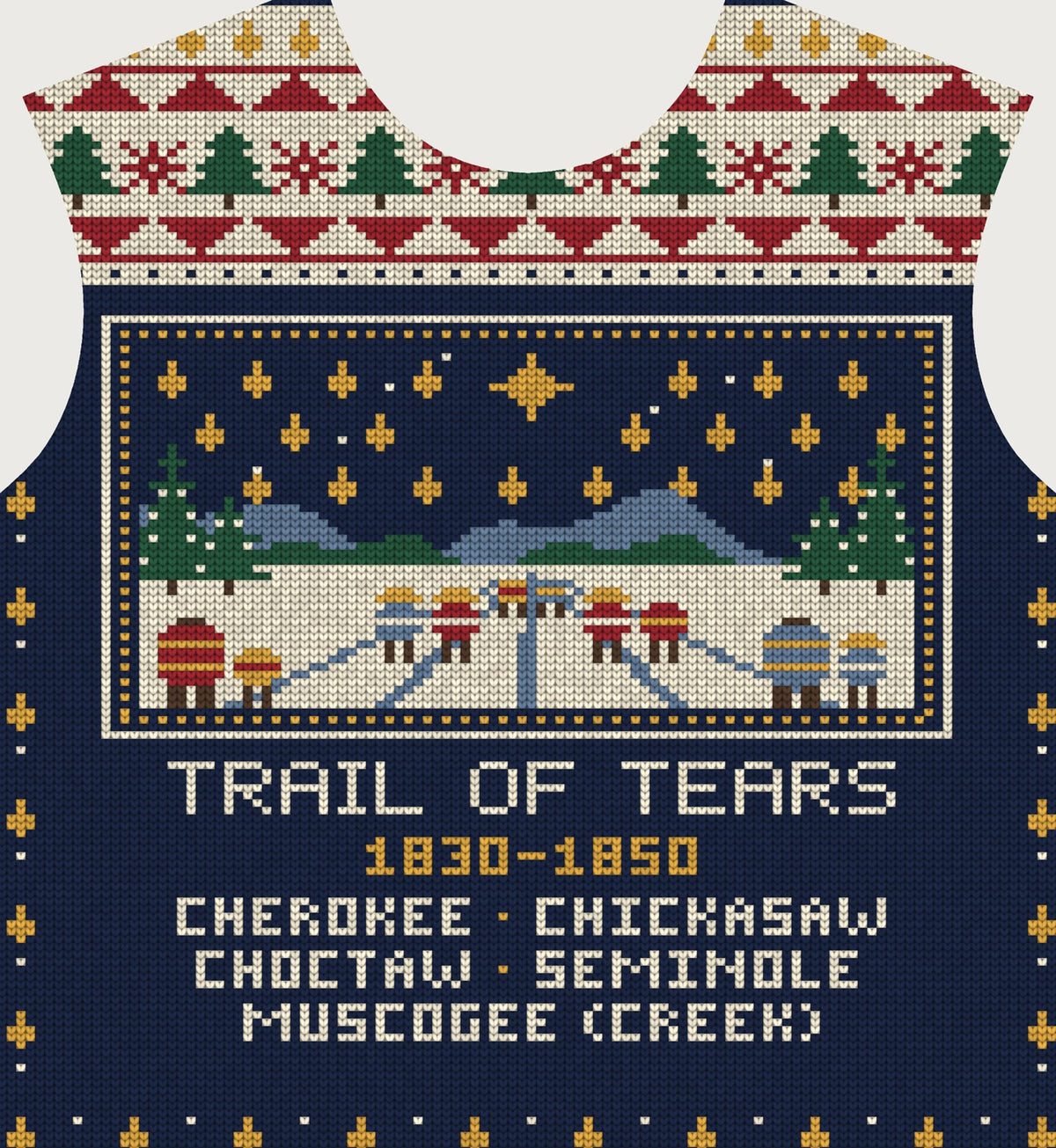 Actual front print: fair-isle pine yoke, knitted picture of five trails under one star, caption naming all five nations