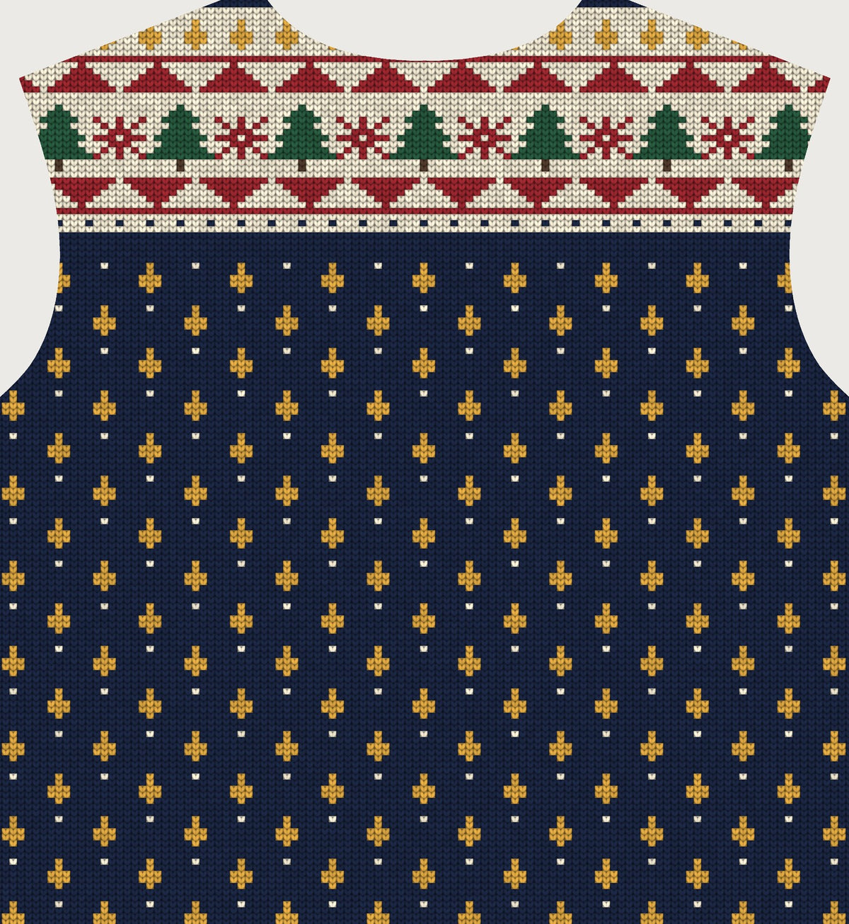 Raw flat mockup of the back: fair-isle yoke and gold tear scatter
