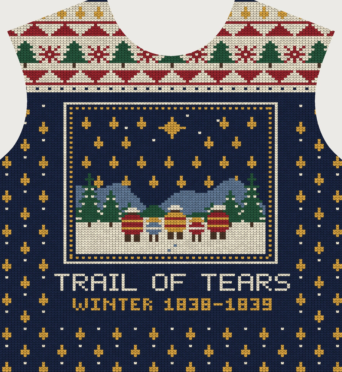 Raw flat mockup of the front: fair-isle pine yoke, knitted winter picture and the caption Trail of Tears, Winter 1838-1839