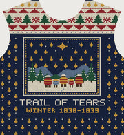 Raw flat mockup of the front: fair-isle pine yoke, knitted winter picture and the caption Trail of Tears, Winter 1838-1839