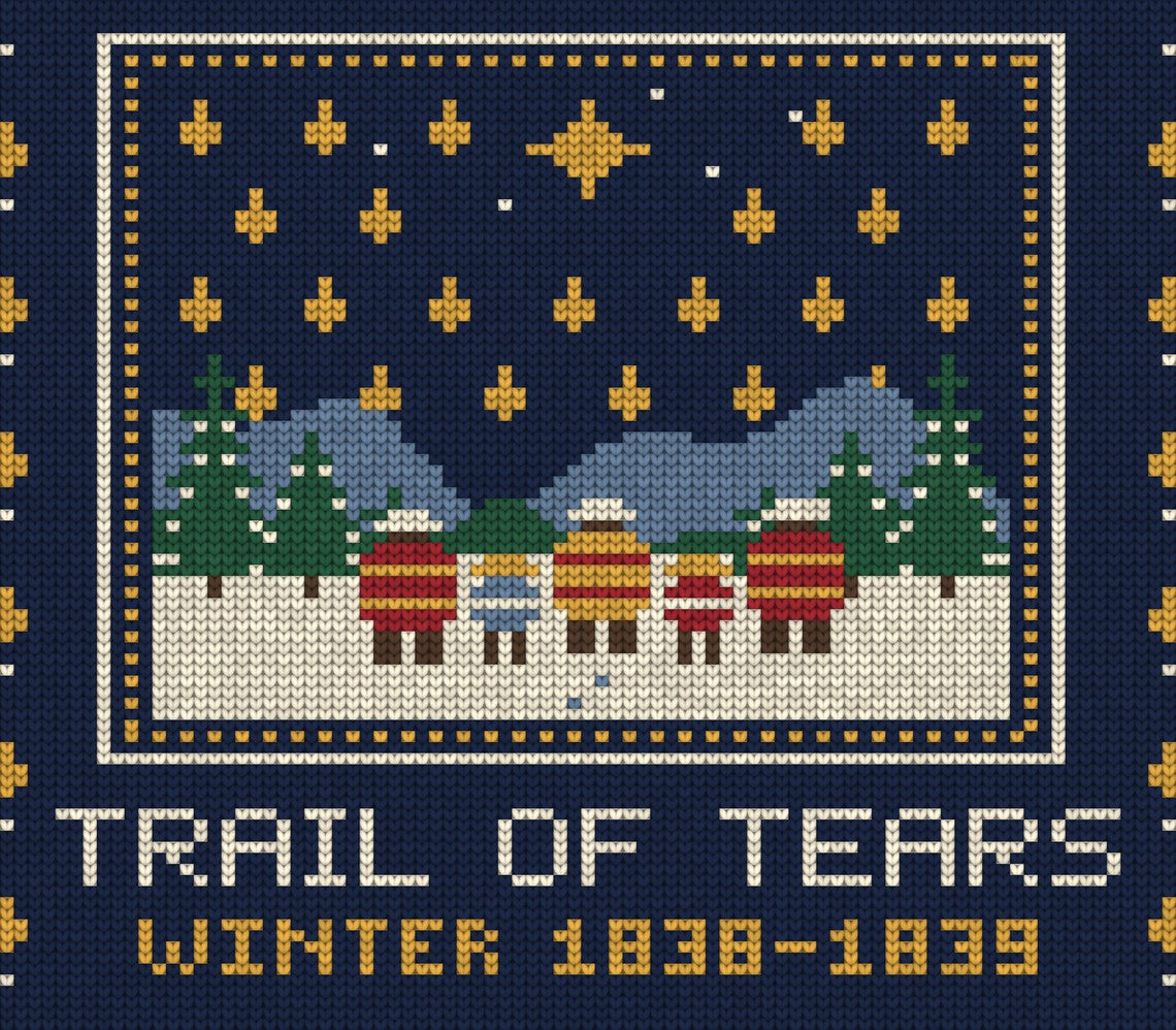 Close-up of the knitted front picture and caption: Trail of Tears, Winter 1838-1839
