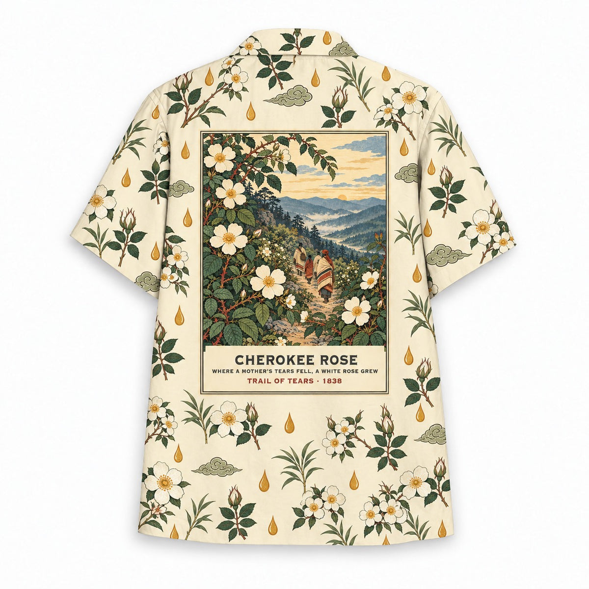Cherokee Rose Hawaiian shirt, back panel and caption