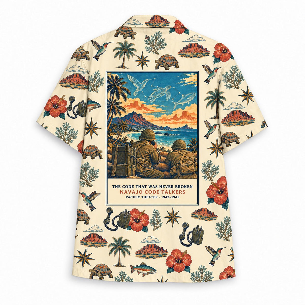 Navajo Code Talkers Hawaiian shirt, back panel and caption