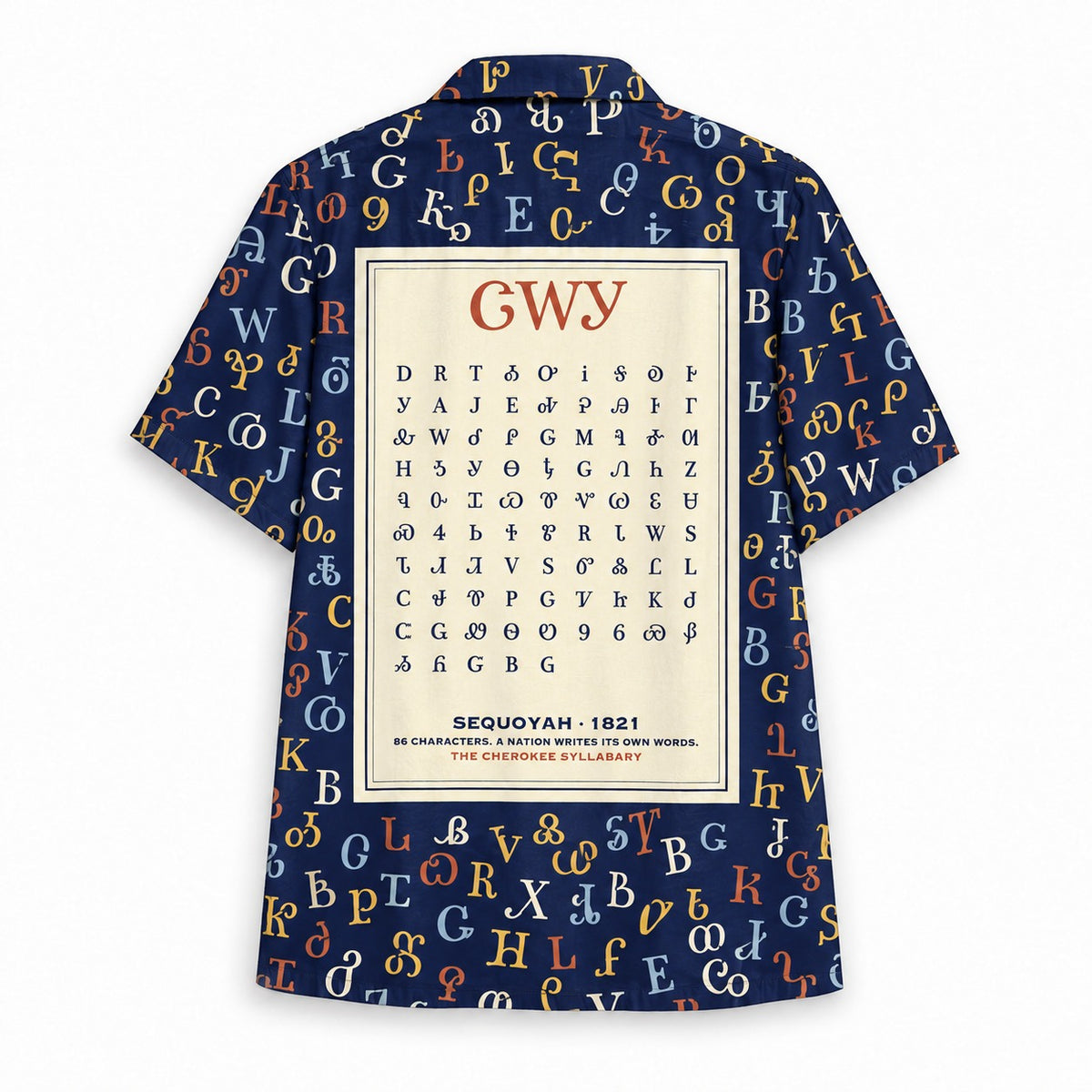 Sequoyah syllabary Hawaiian shirt, back panel and caption