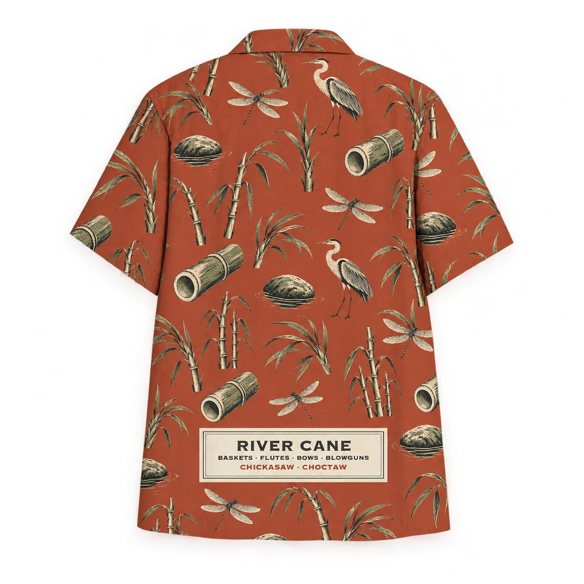 River Cane Hawaiian shirt, back panel and caption