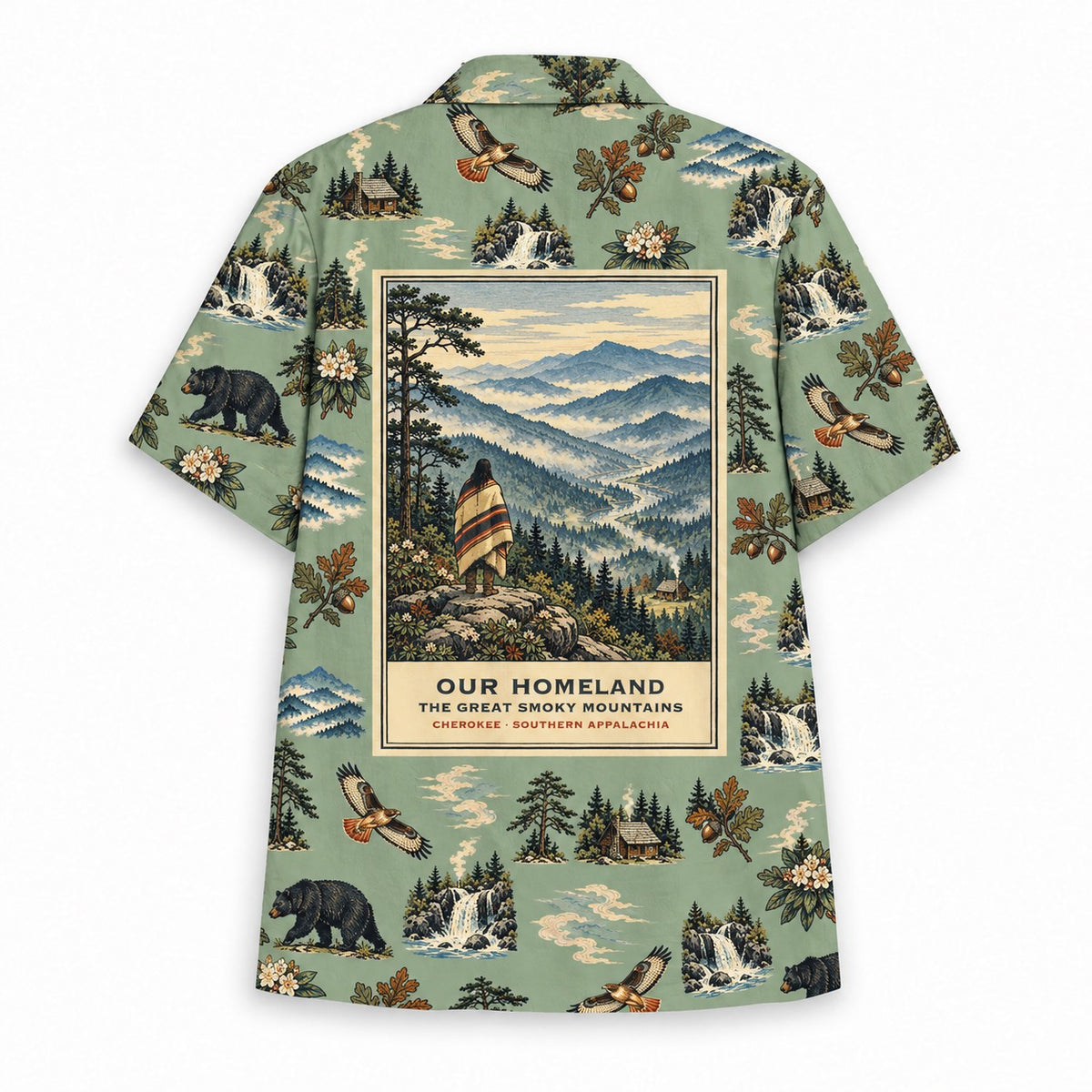 Our Homeland Smoky Mountains Hawaiian shirt, back panel and caption
