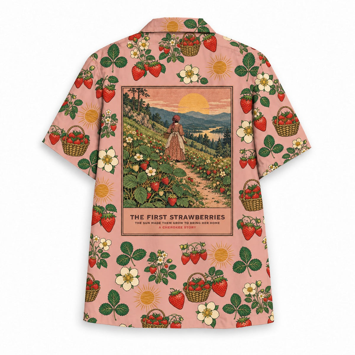 The First Strawberries Hawaiian shirt, back panel and caption