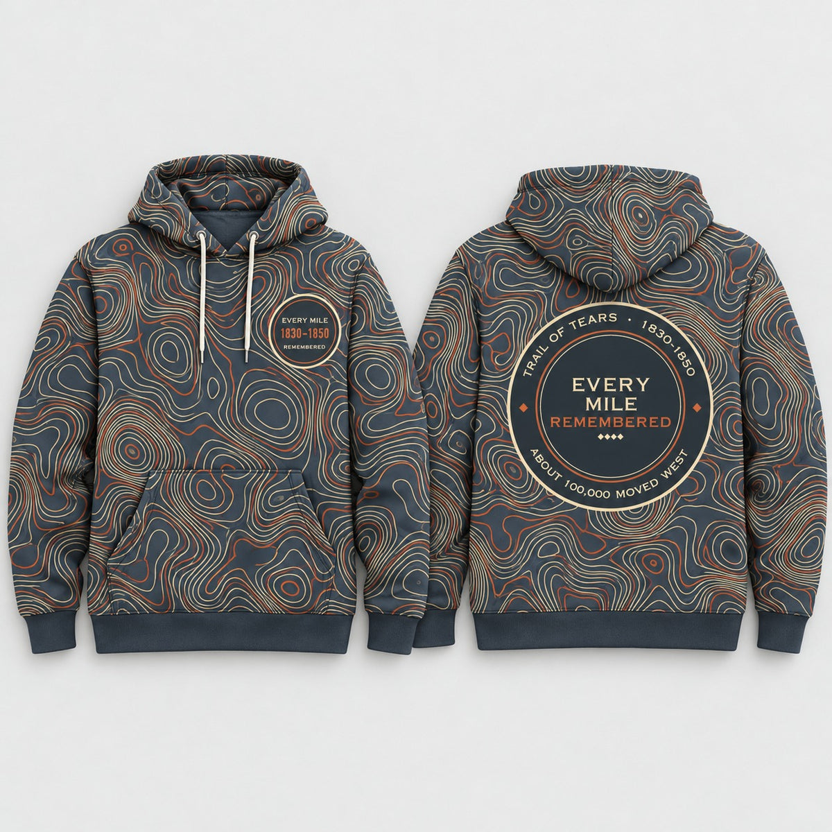 Every Mile Remembered hoodie front and back, flat lay