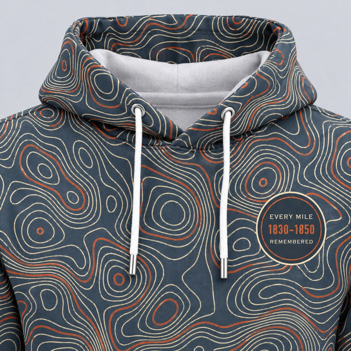 Hood, drawstrings and chest mark detail of the Every Mile Remembered hoodie