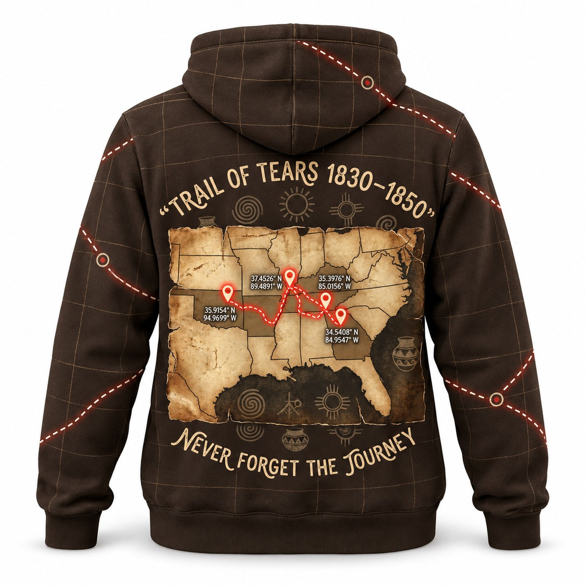 Ketso Never Forget the Journey hoodie, back map: Trail of Tears 1830-1850, Never Forget the Journey