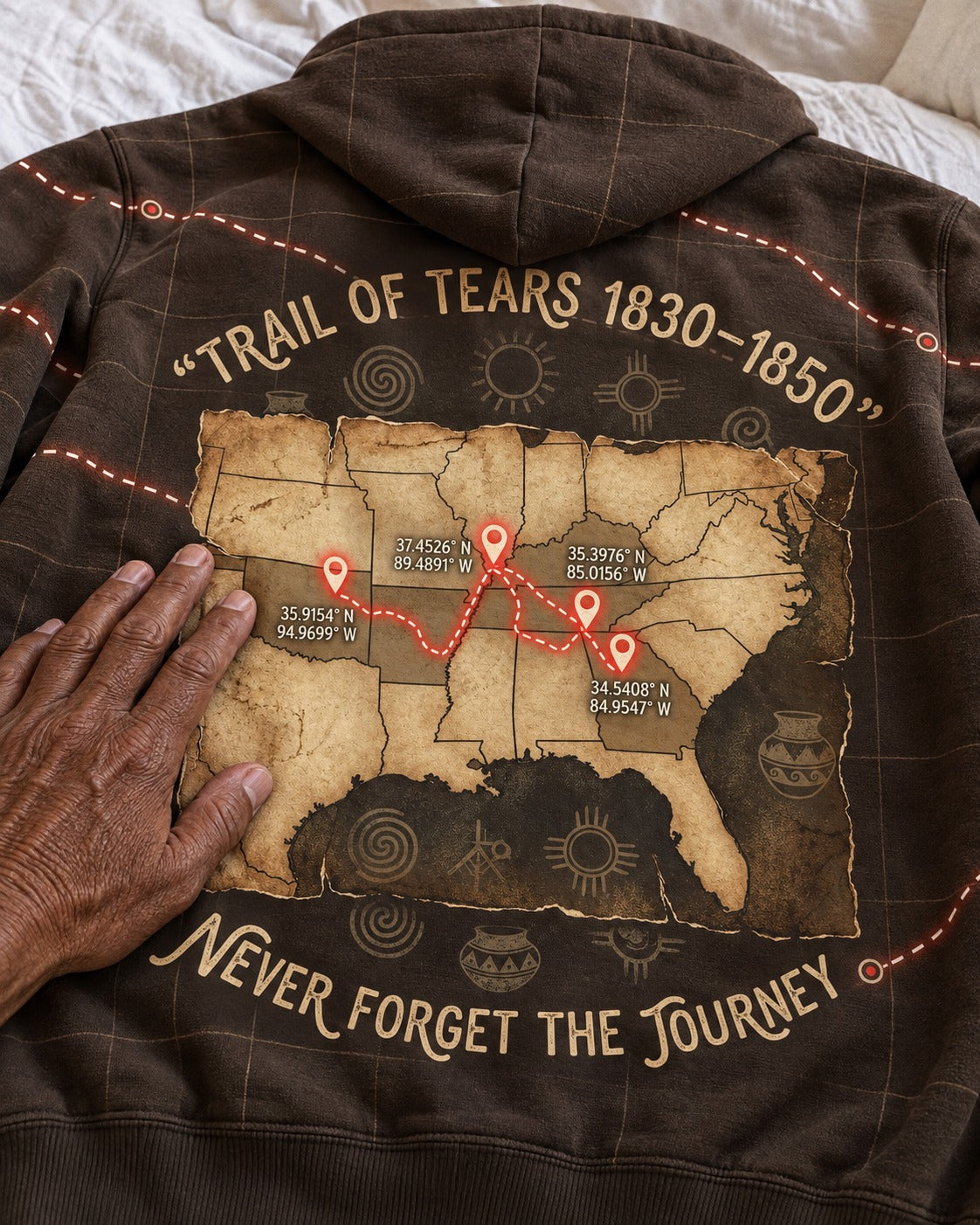 Hand resting on the back print of the Ketso Never Forget the Journey hoodie