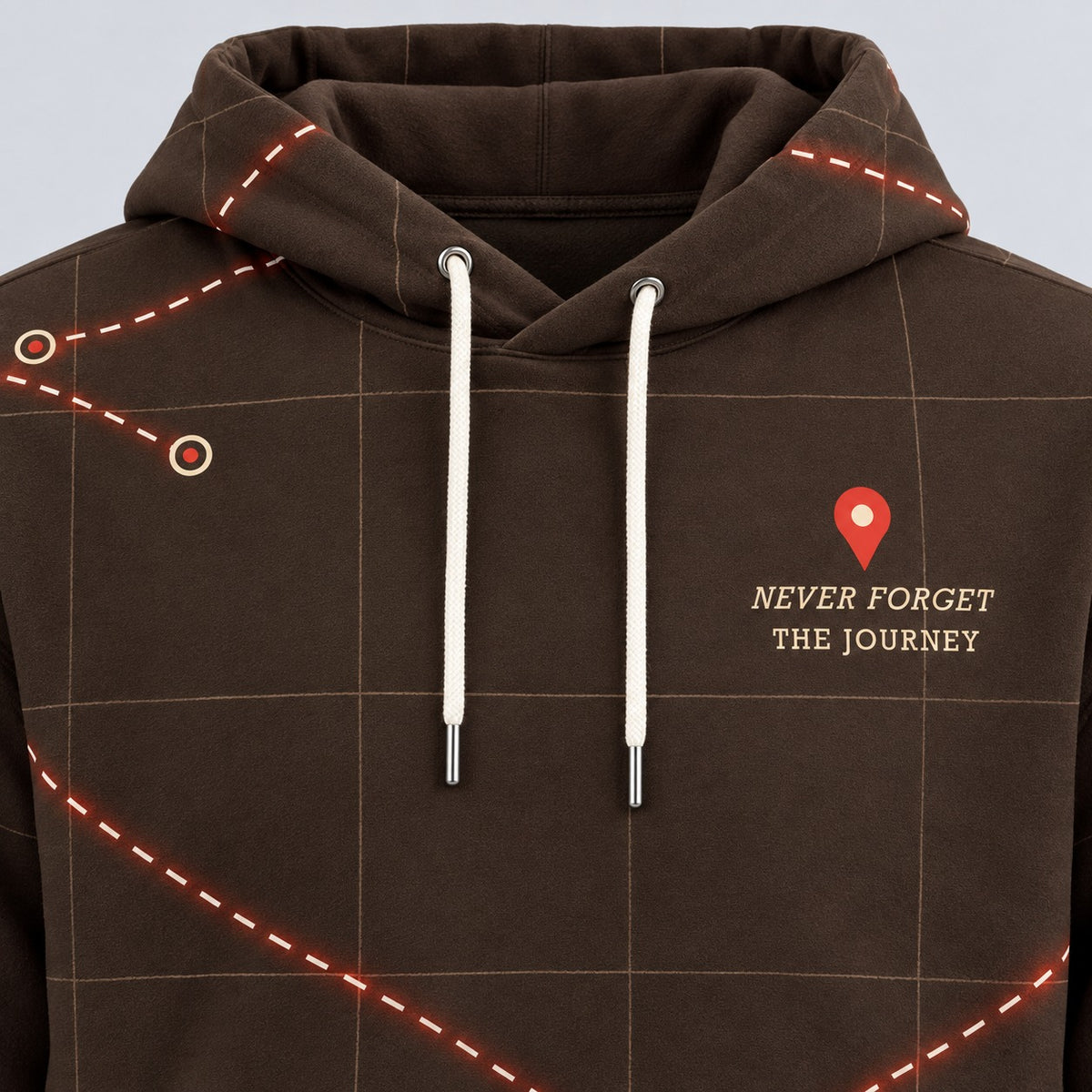 Hood, drawstrings and chest mark detail of the Ketso Never Forget the Journey hoodie