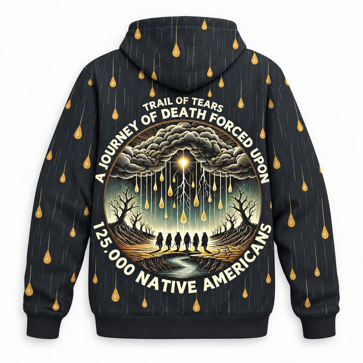 Kiona Trail of Tears hoodie, back emblem: Trail of Tears, a journey of death forced upon 125,000 Native Americans