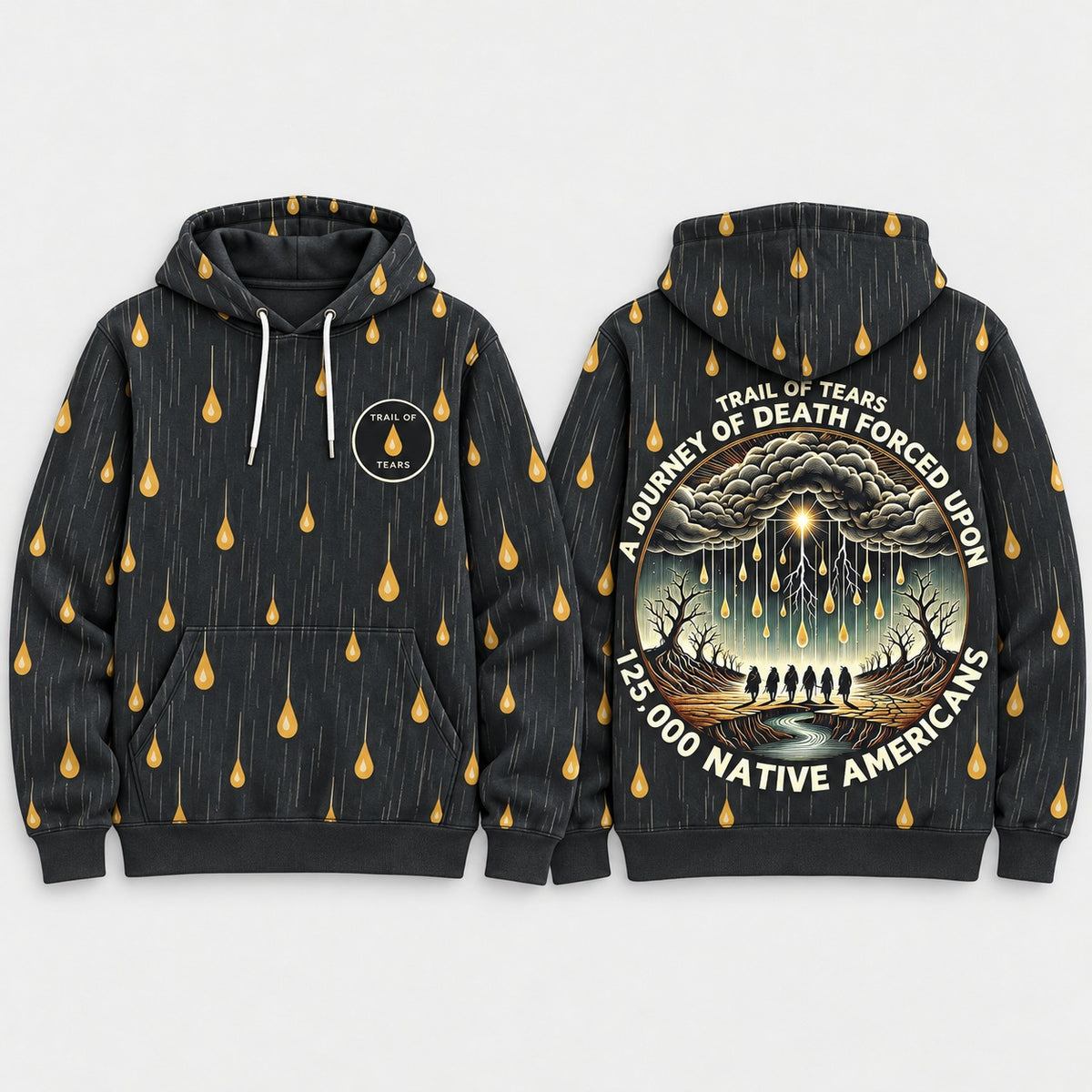 Kiona Trail of Tears hoodie front and back, flat lay