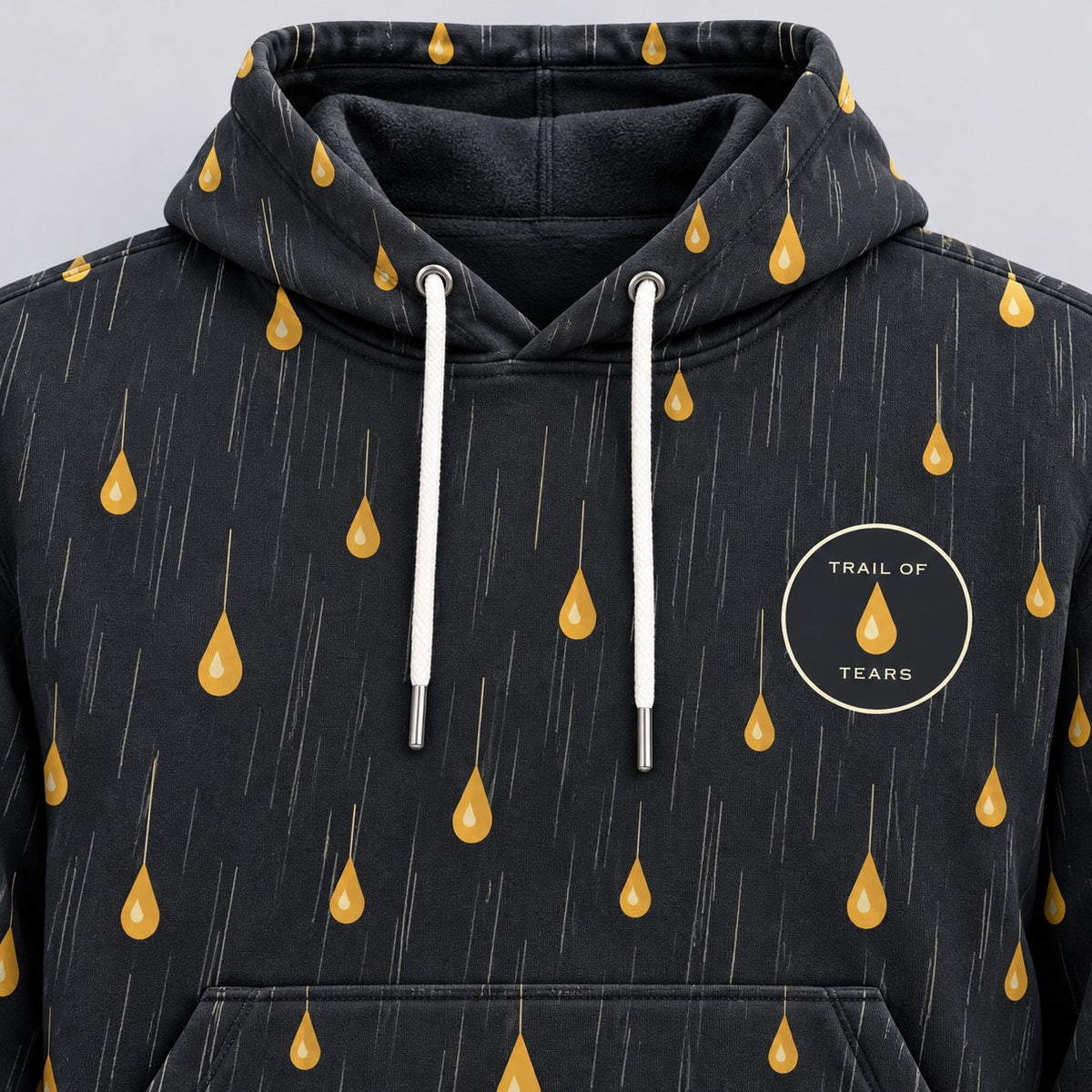 Hood, drawstrings and chest mark detail of the Kiona Trail of Tears hoodie
