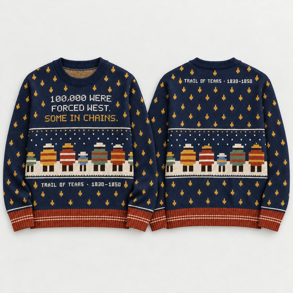 Forced West sweater front and back, flat lay