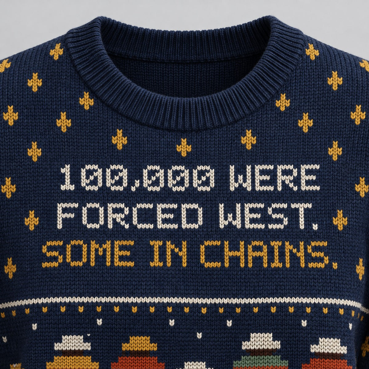 Close-up of the knitted front of the Forced West sweater