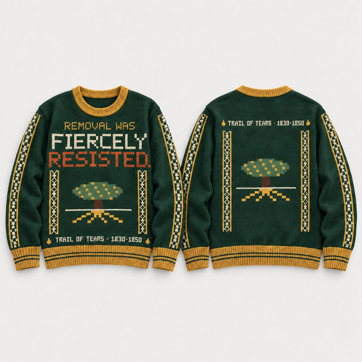 Fiercely Resisted sweater front and back, flat lay