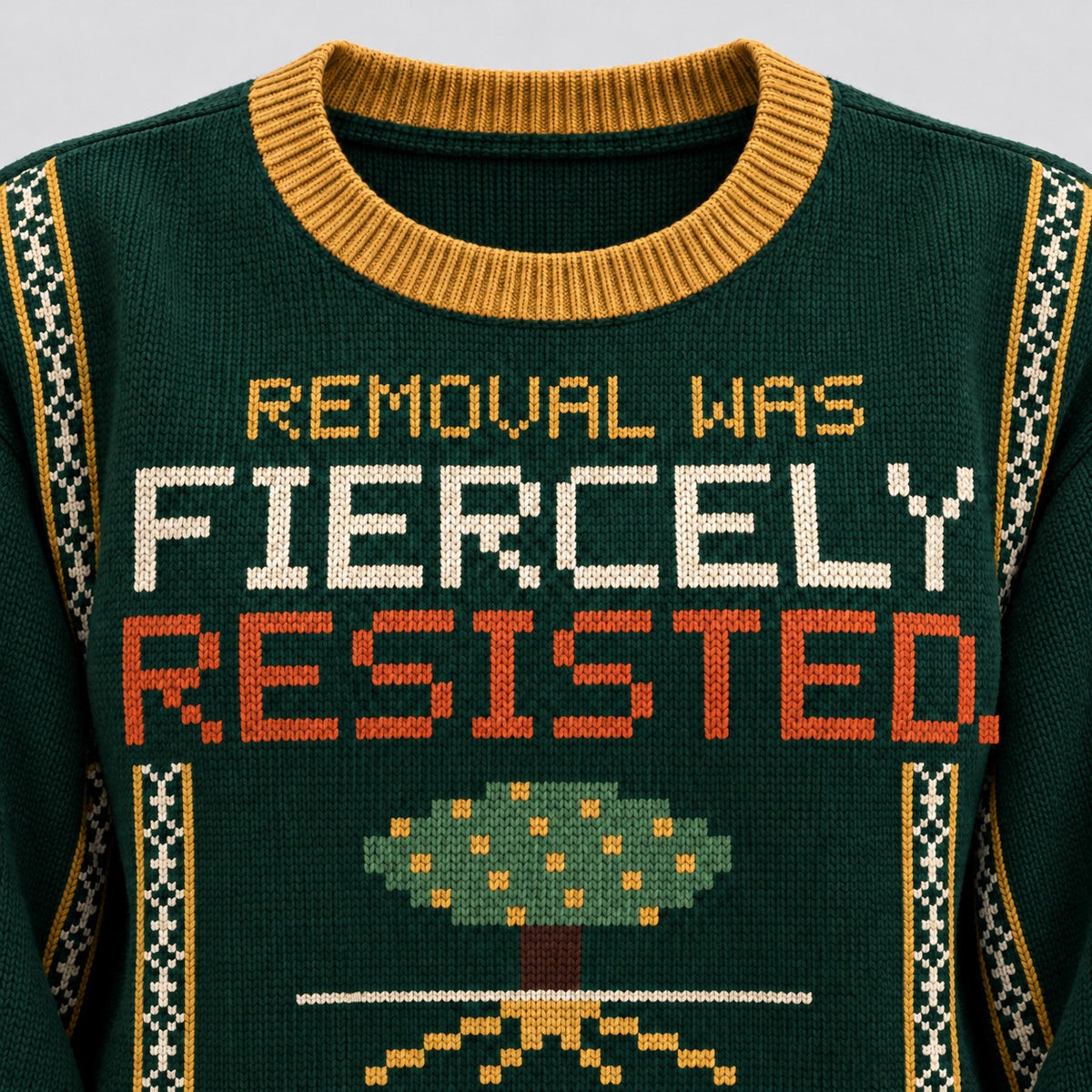 Close-up of the knitted front of the Fiercely Resisted sweater