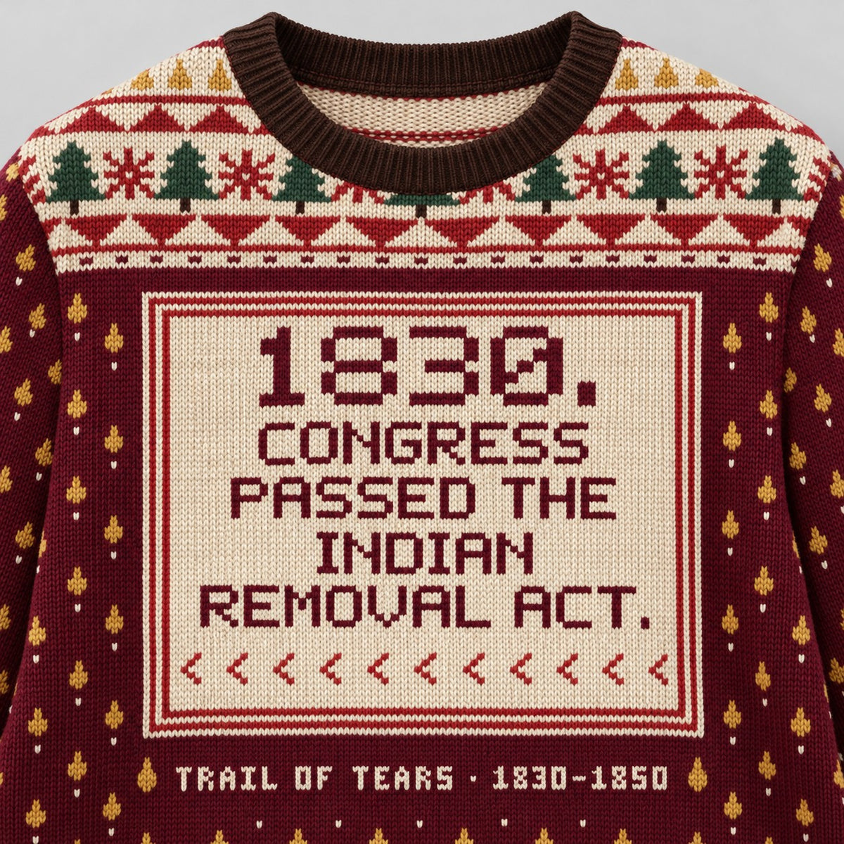 Close-up of the knitted front of the 1830 sweater